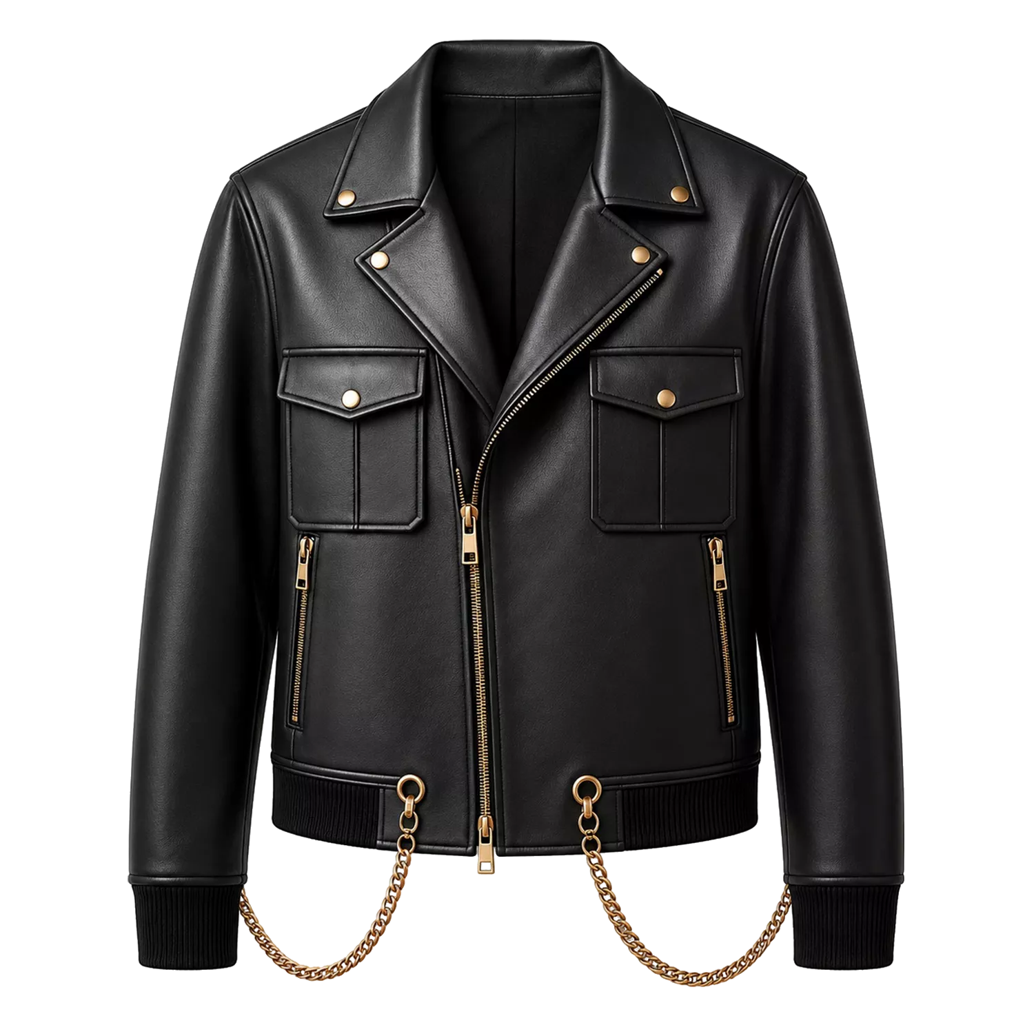Men’s Black Chain Detail Leather Biker Jacket | Gold Hardware Moto Jacket