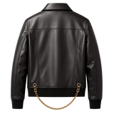 Men’s Black Chain Detail Leather Biker Jacket | Gold Hardware Moto Jacket