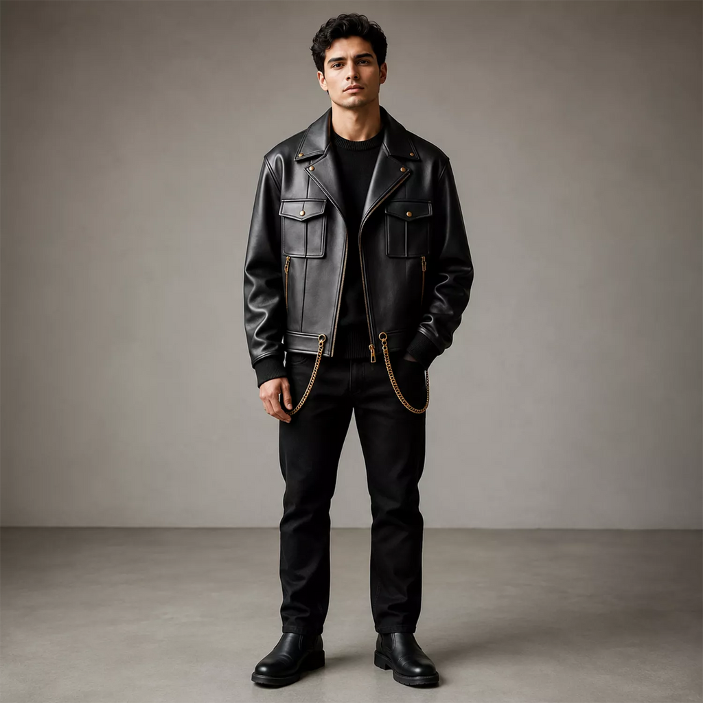 Men’s Black Chain Detail Leather Biker Jacket | Gold Hardware Moto Jacket