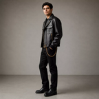 Men’s Black Chain Detail Leather Biker Jacket | Gold Hardware Moto Jacket