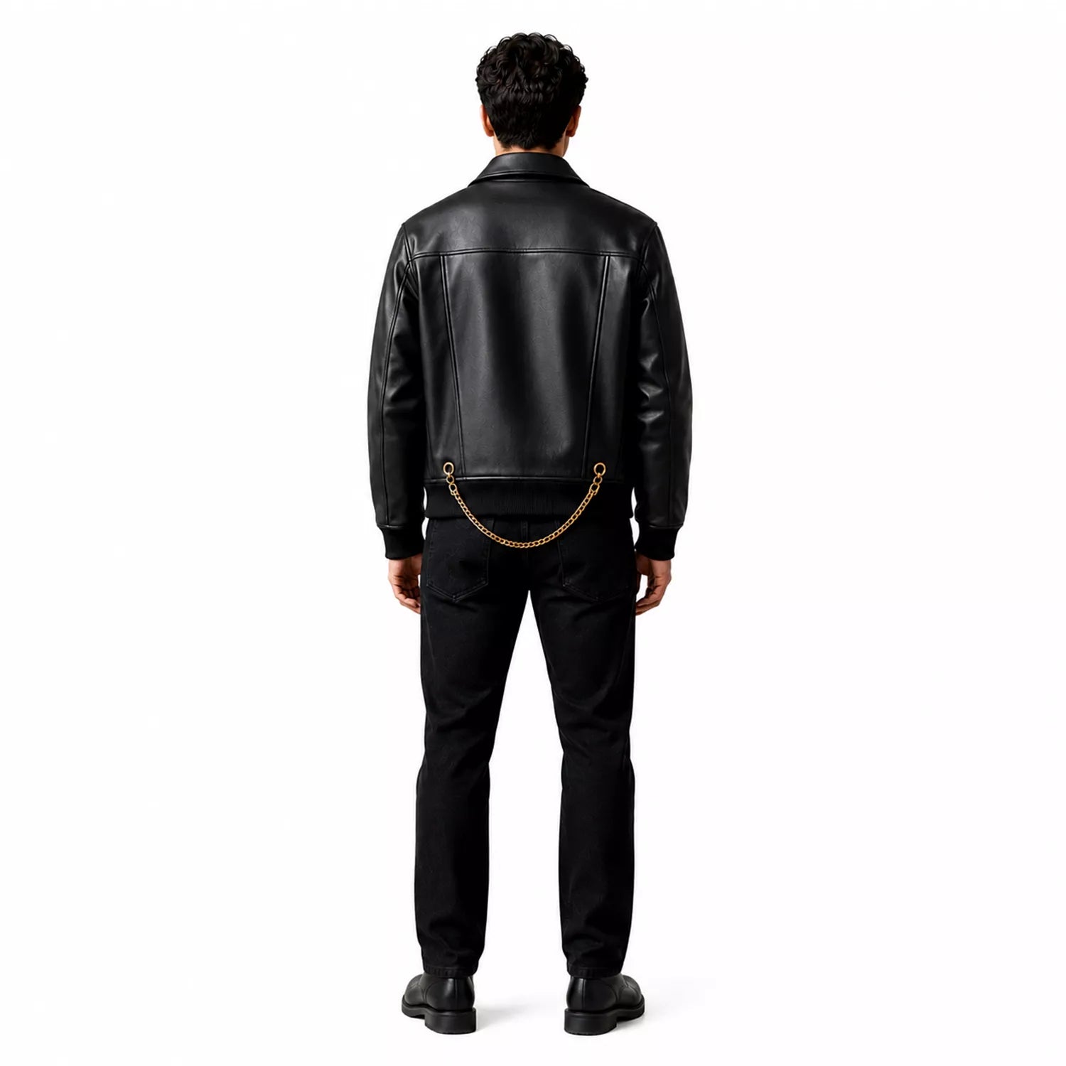 Men’s Black Chain Detail Leather Biker Jacket | Gold Hardware Moto Jacket