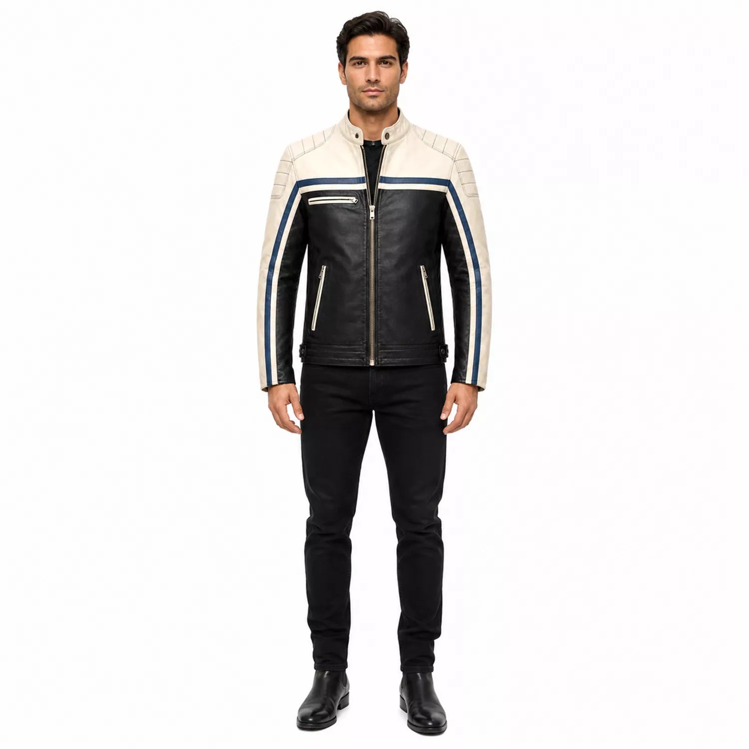 Men’s Black Cream Blue Leather Biker Jacket | Motorcycle Style