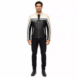 Men’s Black Cream Blue Leather Biker Jacket | Motorcycle Style