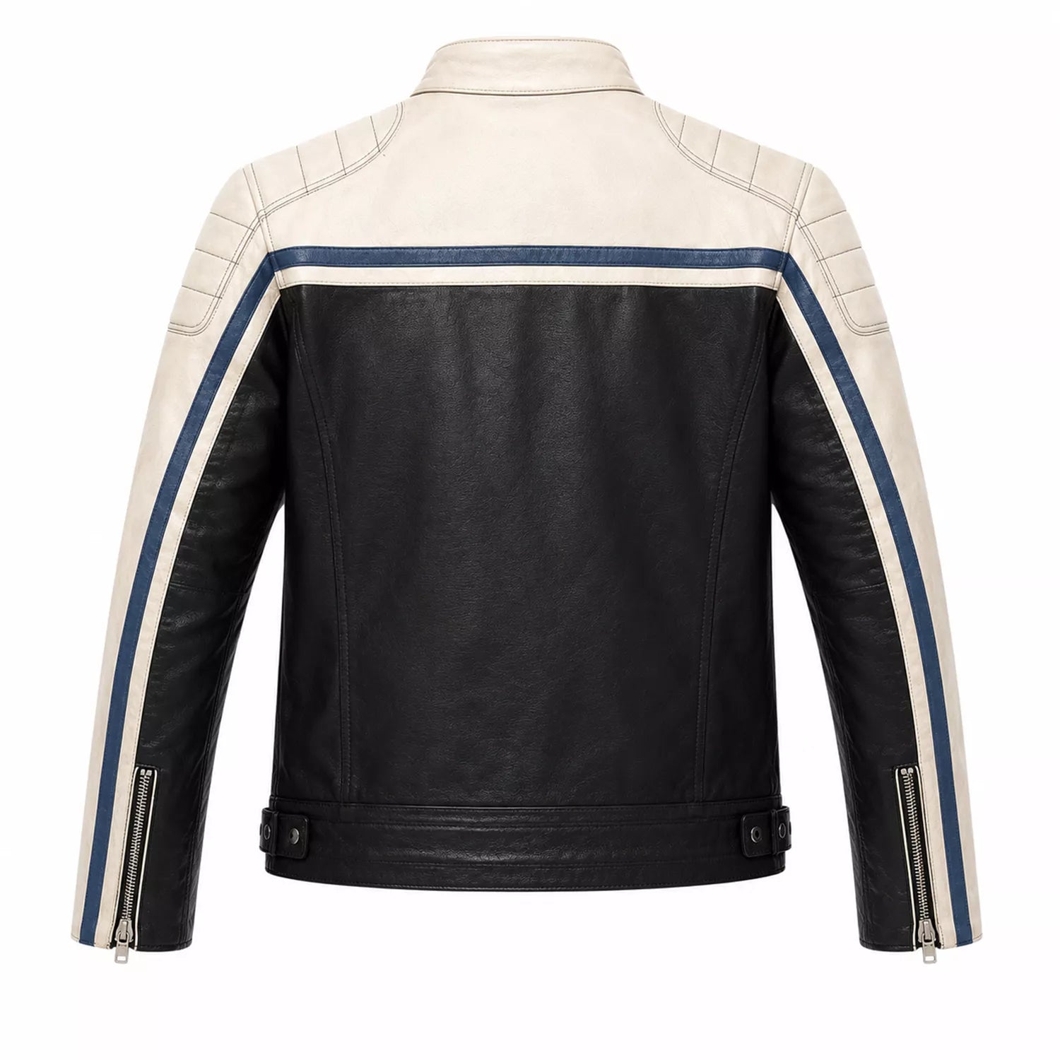 Men’s Black Cream Blue Leather Biker Jacket | Motorcycle Style
