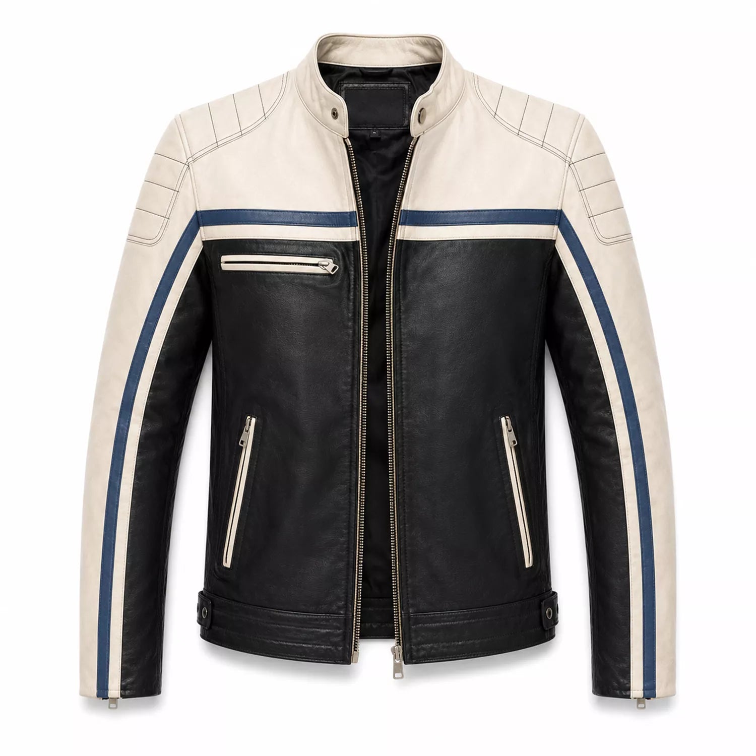 Men’s Black Cream Blue Leather Biker Jacket | Motorcycle Style