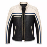 Men’s Black Cream Blue Leather Biker Jacket | Motorcycle Style