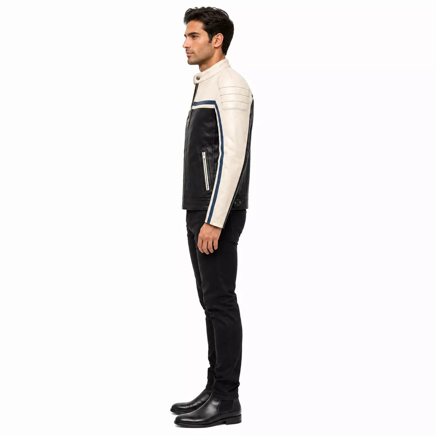 Men’s Black Cream Blue Leather Biker Jacket | Motorcycle Style