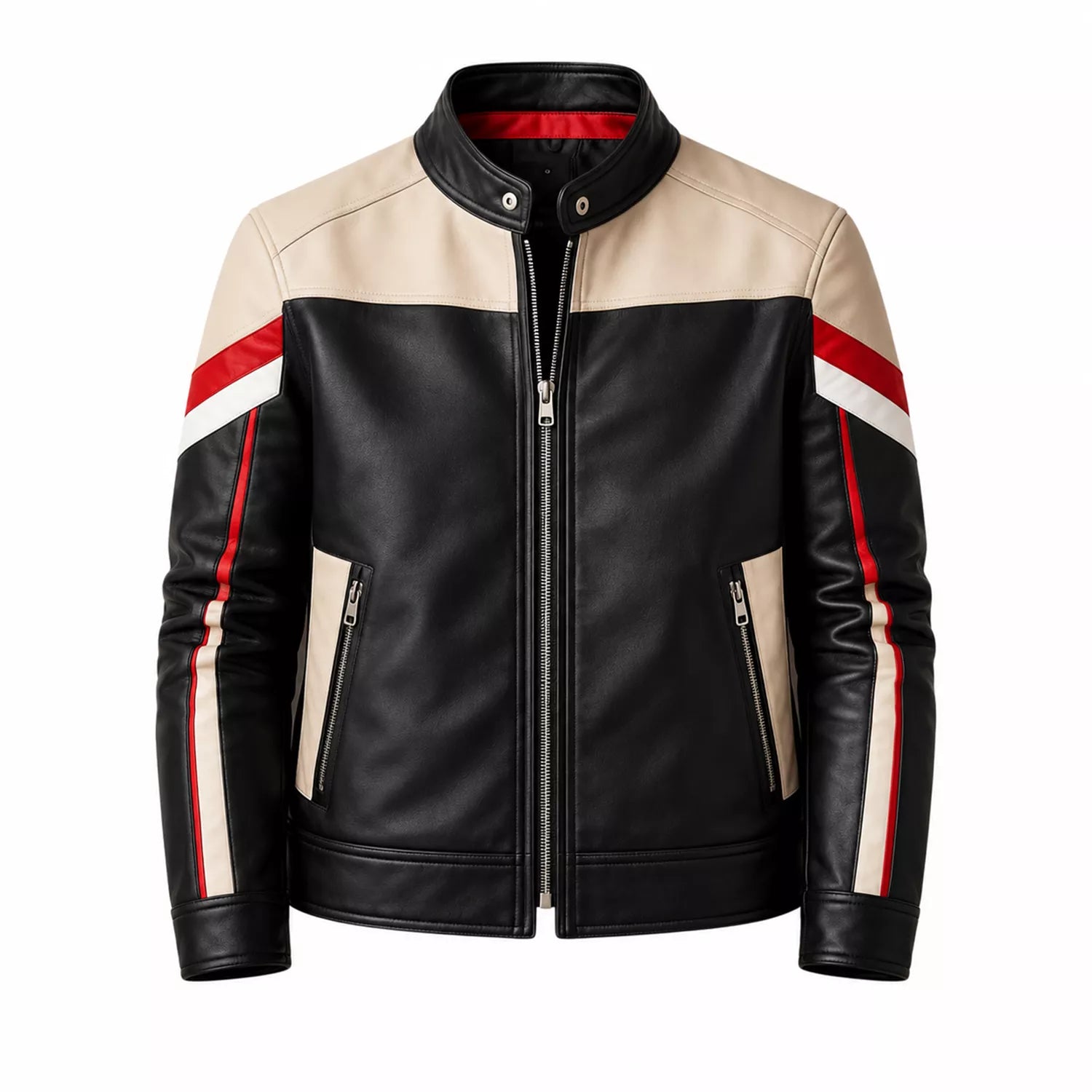 Men’s Black Cream Red Leather Moto Jacket | Racing Style Biker Jacket