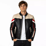 Men’s Black Cream Red Leather Moto Jacket | Racing Style Biker Jacket