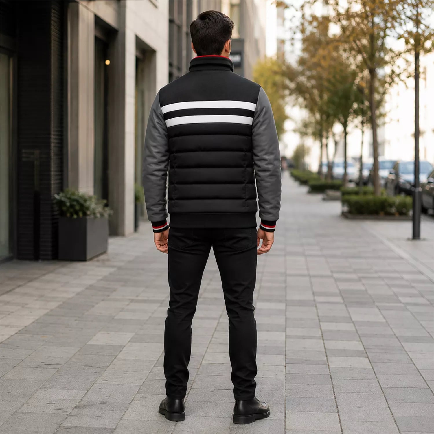 Men’s Black Grey White Puffer Bomber Jacket | Quilted Winter Style