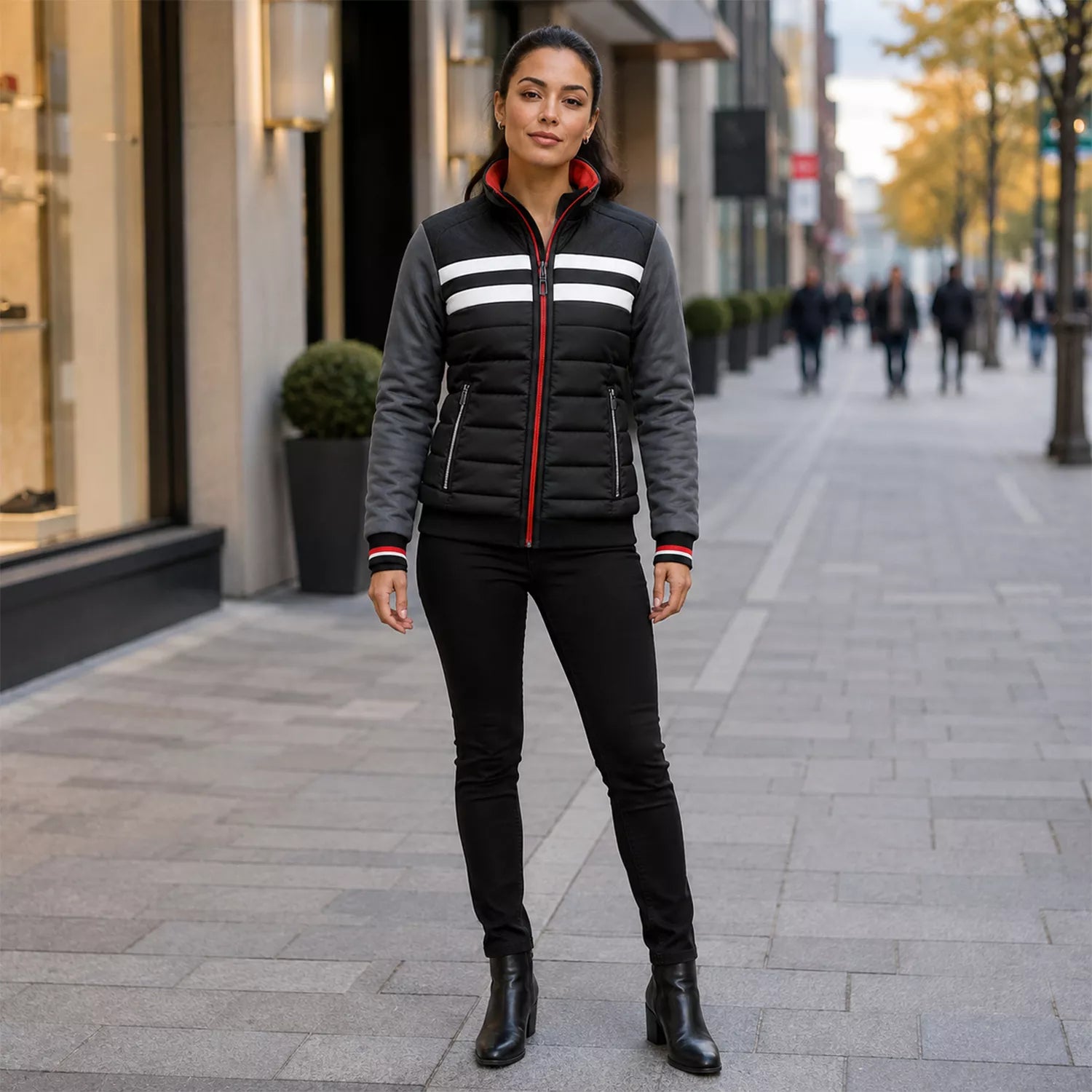 Women’s Black Grey White Puffer Bomber Jacket | Winter Style