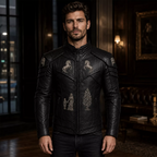 Men’s Black Heritage Emblem Leather Biker Jacket | Custom Graphic Motorcycle Jacket