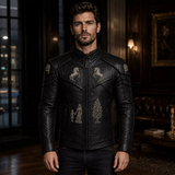 Men’s Black Heritage Emblem Leather Biker Jacket | Custom Graphic Motorcycle Jacket
