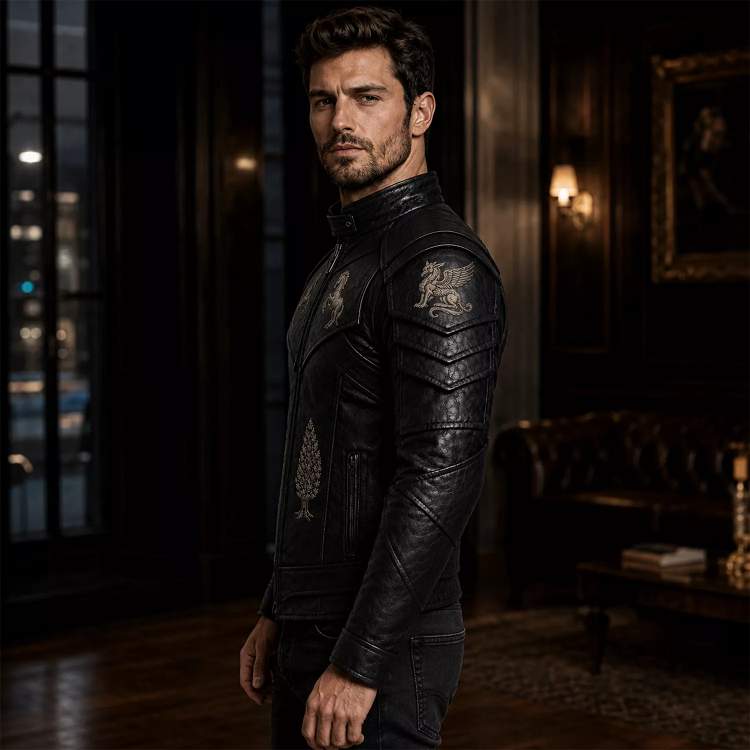 Men’s Black Heritage Emblem Leather Biker Jacket | Custom Graphic Motorcycle Jacket