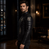 Men’s Black Heritage Emblem Leather Biker Jacket | Custom Graphic Motorcycle Jacket