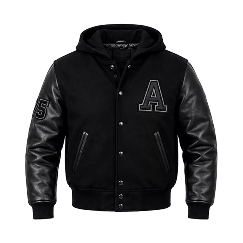 Men’s Black Hooded Varsity Jacket | Leather Sleeve Letterman Bomber