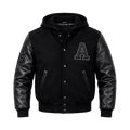 Men’s Black Hooded Varsity Jacket | Leather Sleeve Letterman Bomber