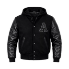 Men’s Black Hooded Varsity Jacket | Leather Sleeve Letterman Bomber