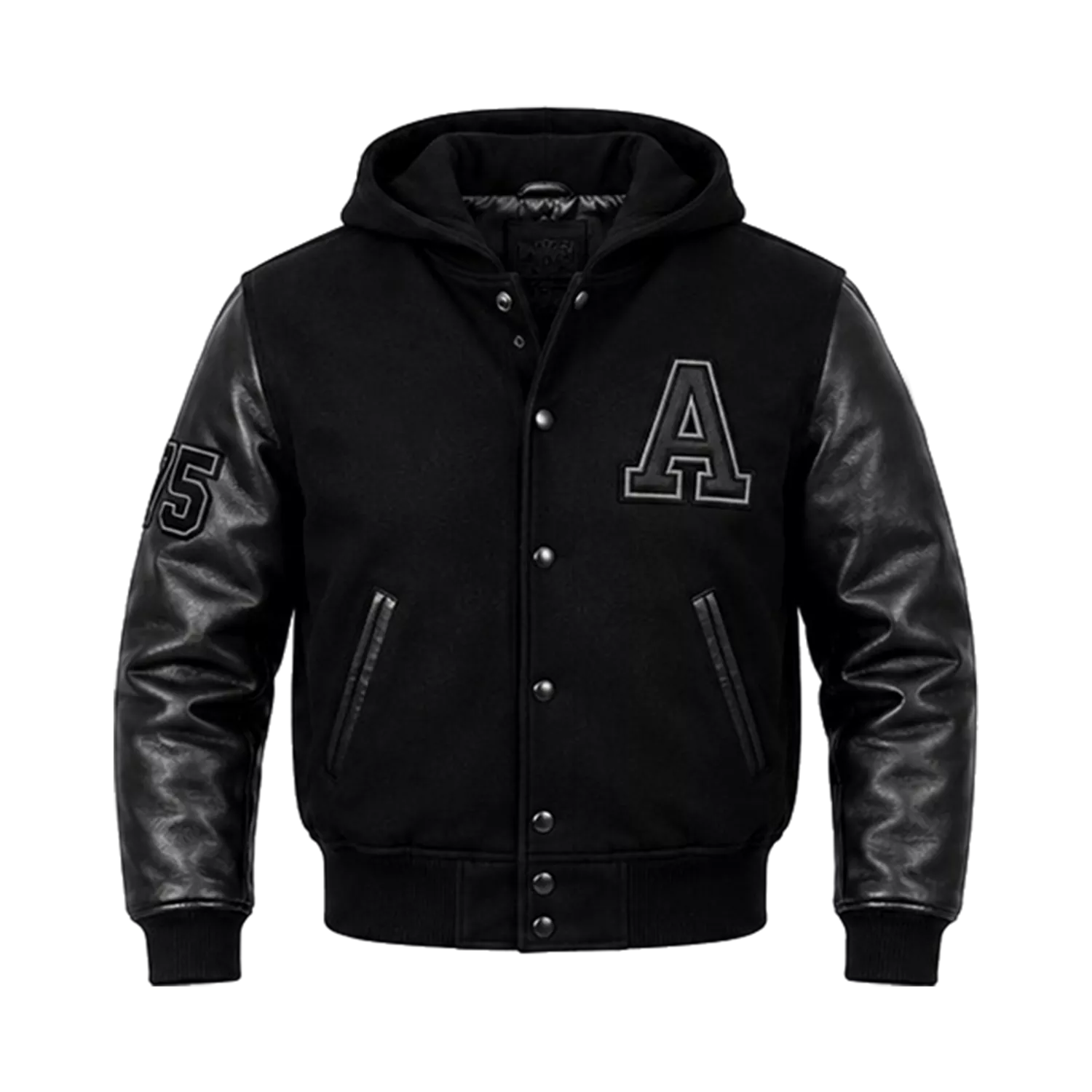 Men’s Black Hooded Varsity Jacket | Leather Sleeve Letterman Bomber