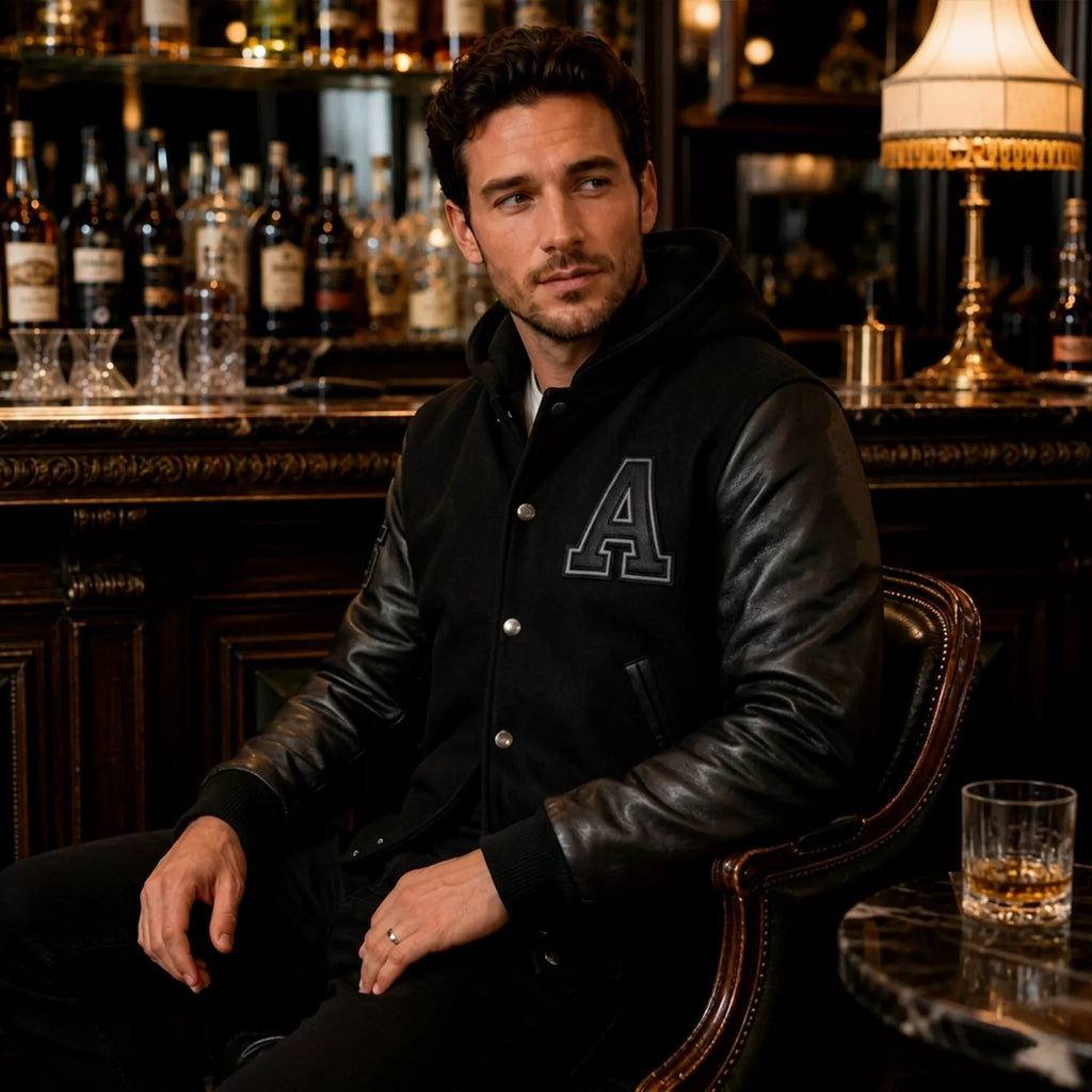 Men’s Black Hooded Varsity Jacket | Leather Sleeve Letterman Bomber