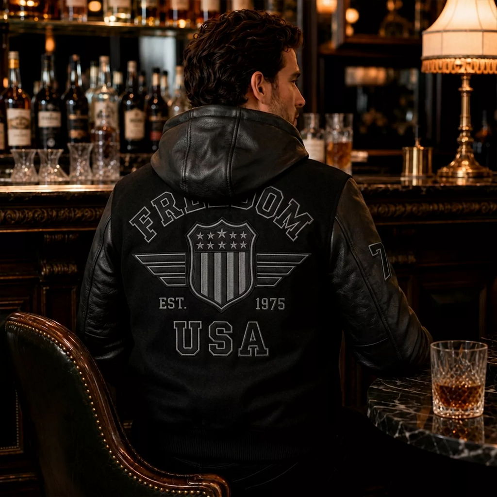 Men’s Black Hooded Varsity Jacket | Leather Sleeve Letterman Bomber