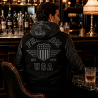 Men’s Black Hooded Varsity Jacket | Leather Sleeve Letterman Bomber