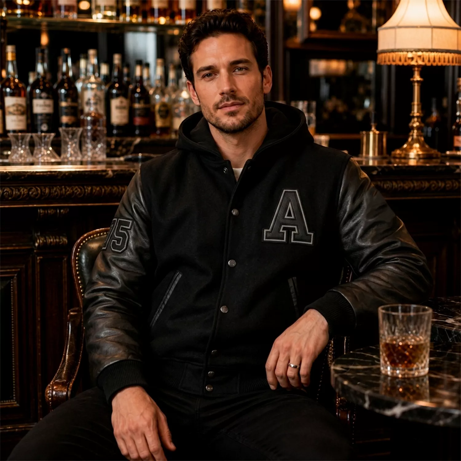 Men’s Black Hooded Varsity Jacket | Leather Sleeve Letterman Bomber