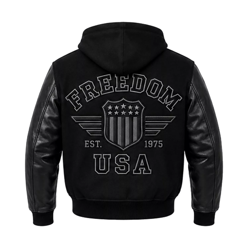 Men’s Black Hooded Varsity Jacket | Leather Sleeve Letterman Bomber