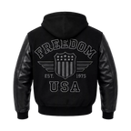 Men’s Black Hooded Varsity Jacket | Leather Sleeve Letterman Bomber
