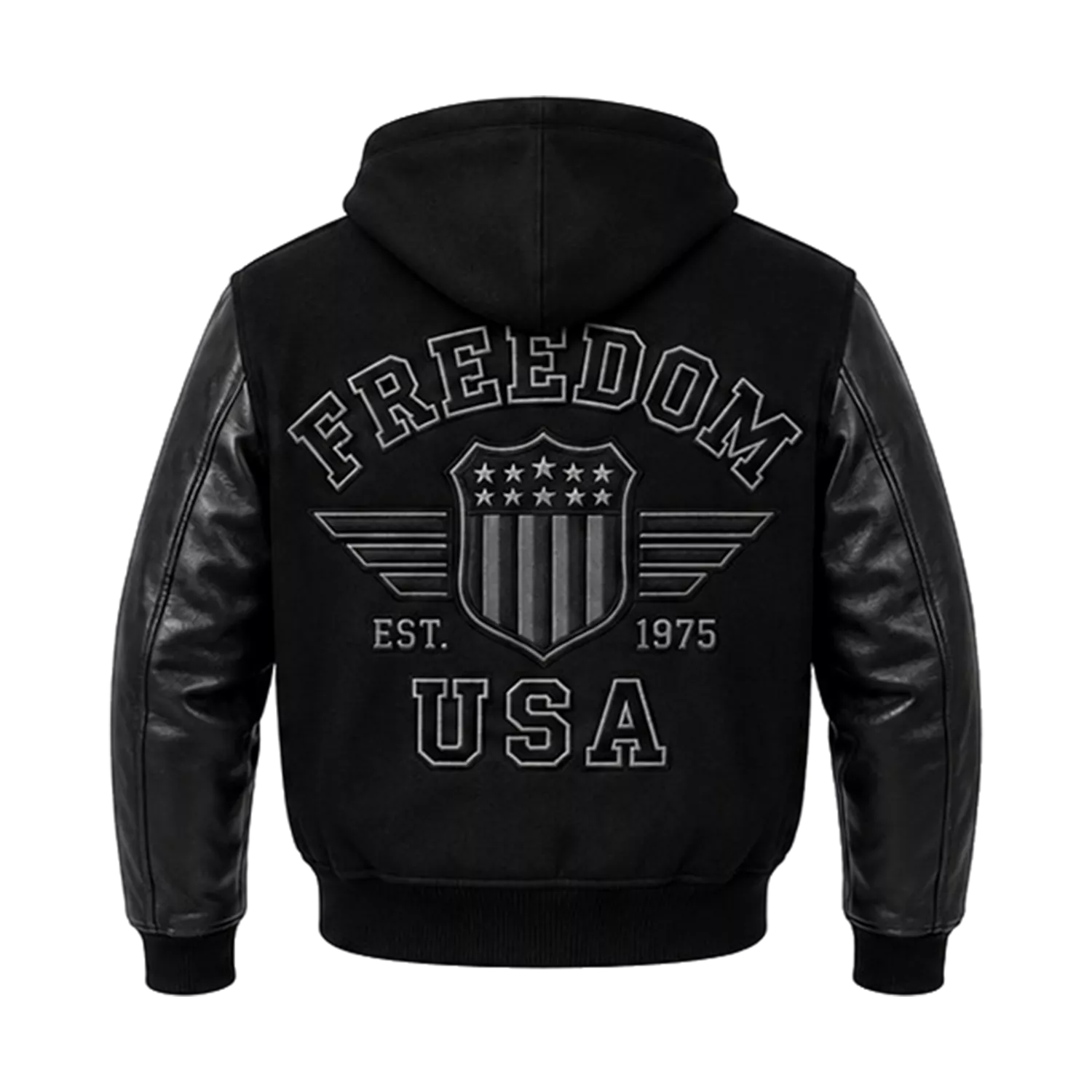 Men’s Black Hooded Varsity Jacket | Leather Sleeve Letterman Bomber