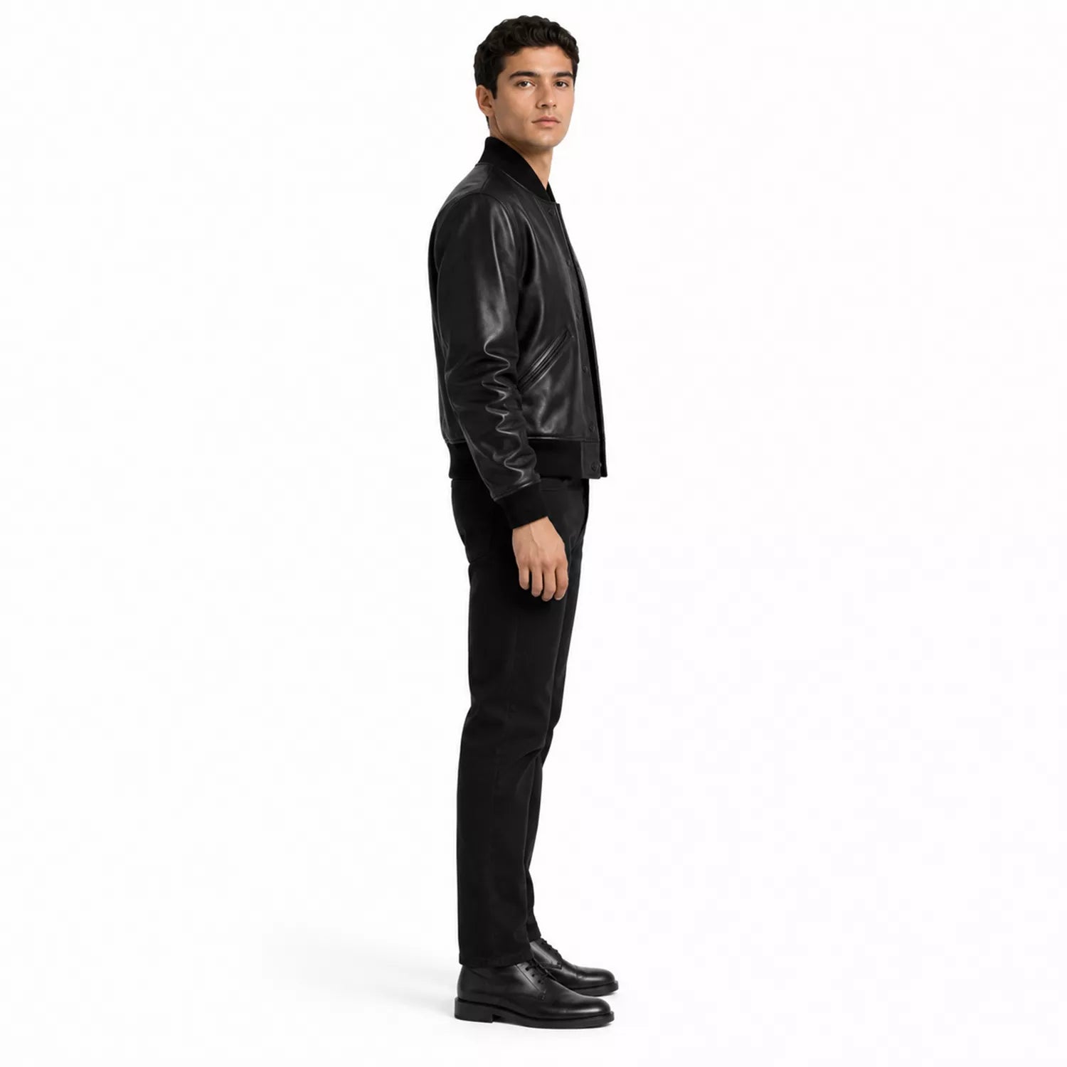Men’s Black Leather Bomber Jacket | Classic Varsity Style