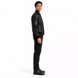 Men’s Black Leather Bomber Jacket | Classic Varsity Style