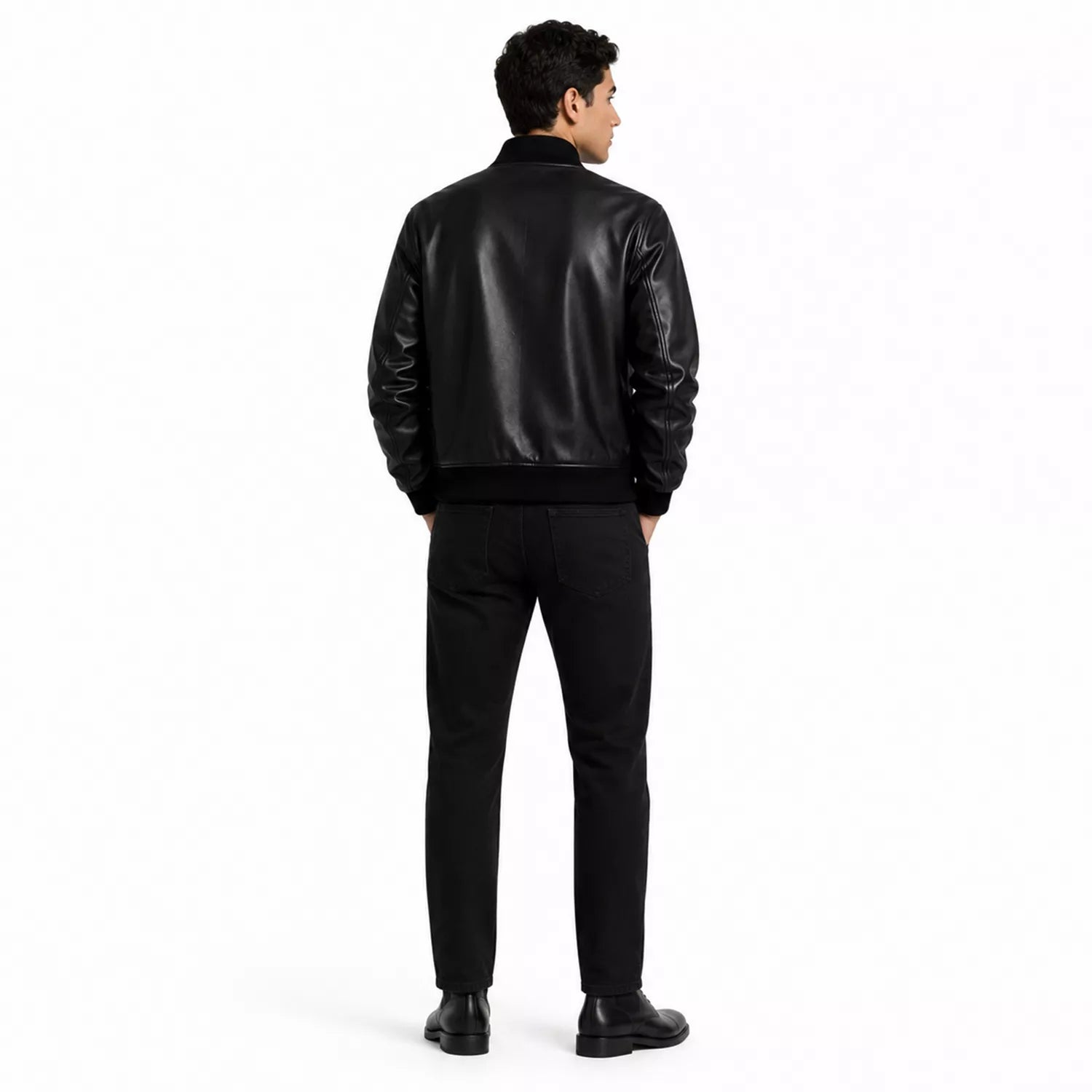 Men’s Black Leather Bomber Jacket | Classic Varsity Style