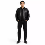 Men’s Black Leather Bomber Jacket | Classic Varsity Style