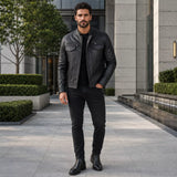 Men’s Black Leather Cafe Racer Jacket | Utility Biker Style