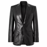 Women’s Black Leather Suit Blazer | Single-Breasted Tailored Jacket