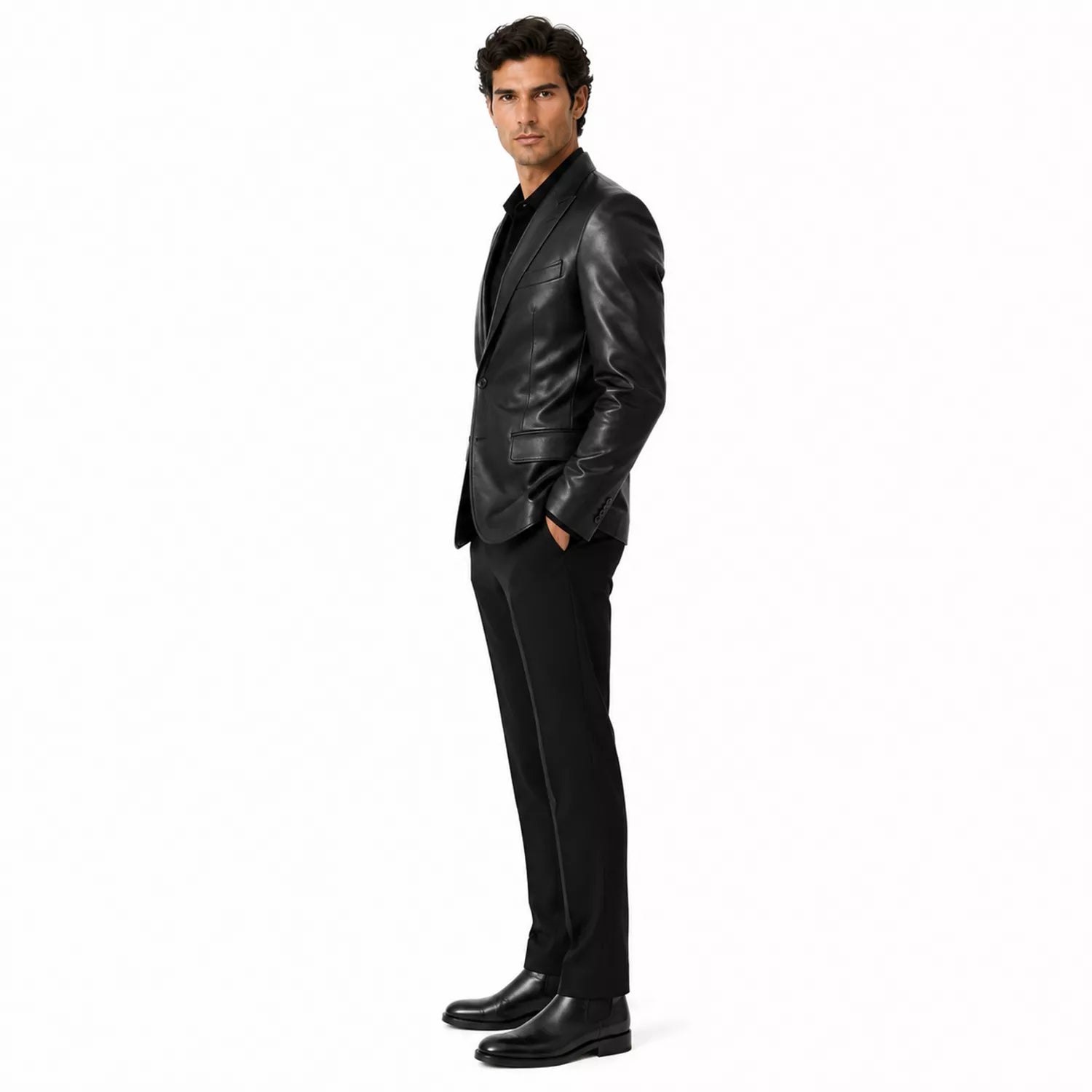 Men’s Black Leather Suit Blazer | Single-Breasted Tailored Jacket