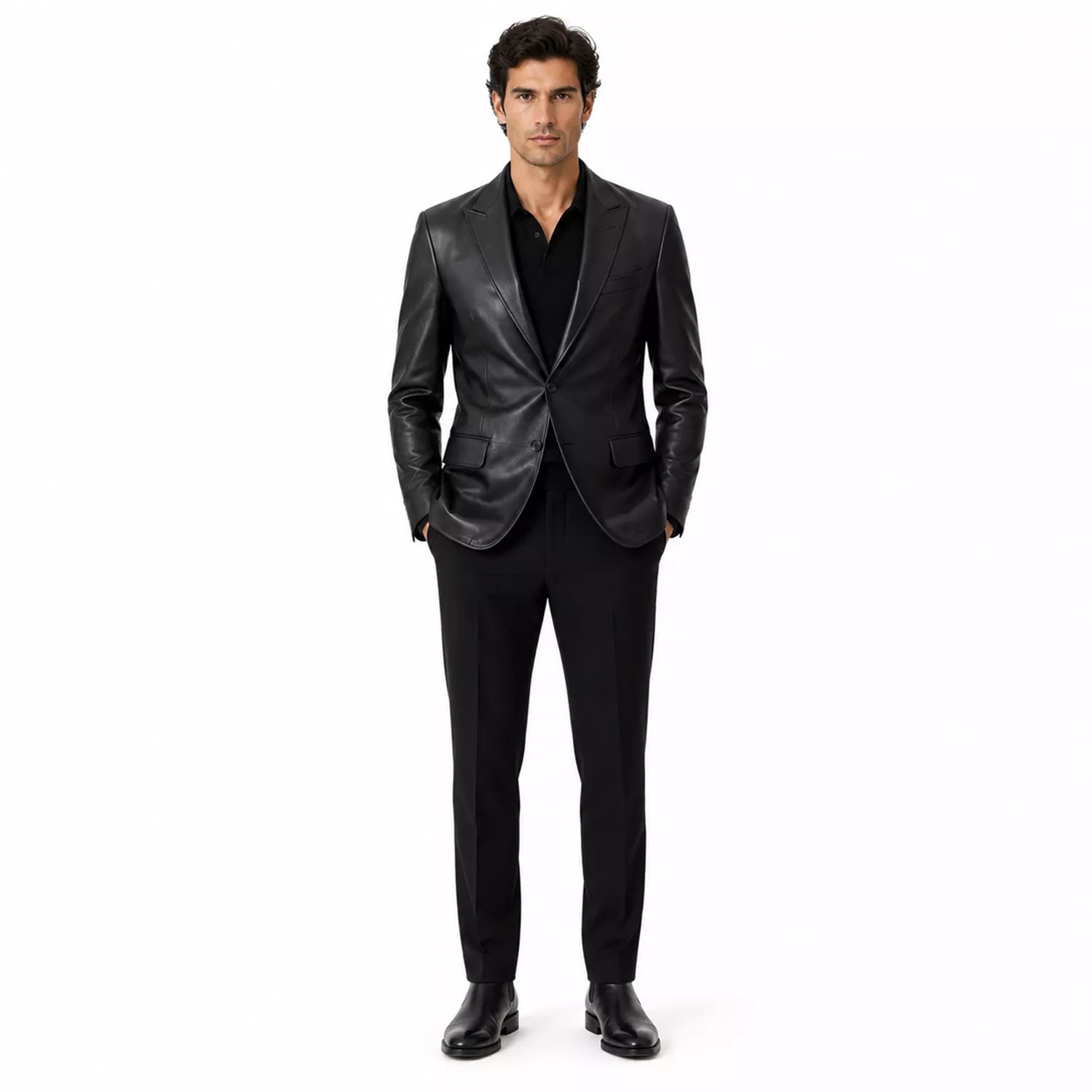 Men’s Black Leather Suit Blazer | Single-Breasted Tailored Jacket