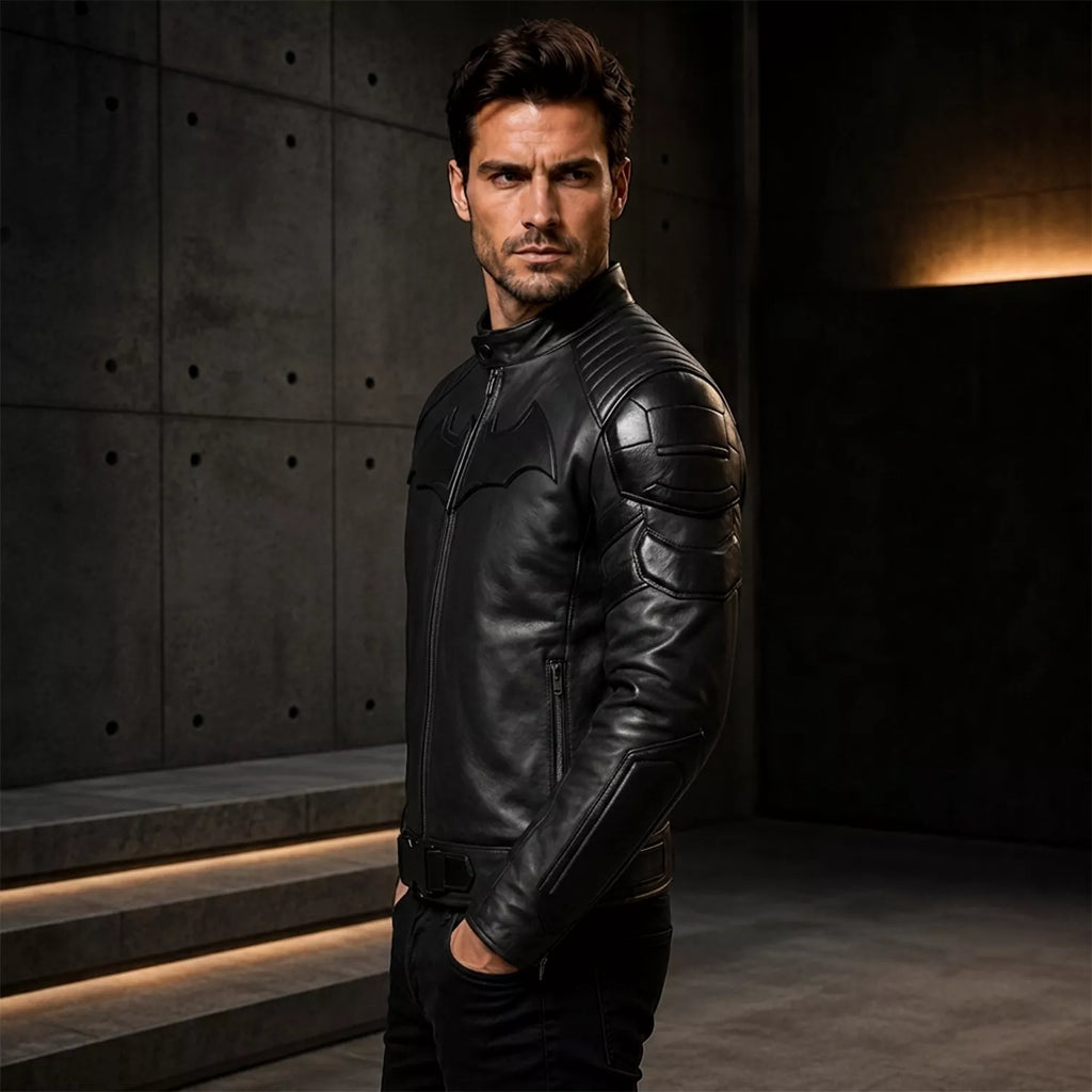 Blouson de motard style super-héros en cuir noir mat pour homme