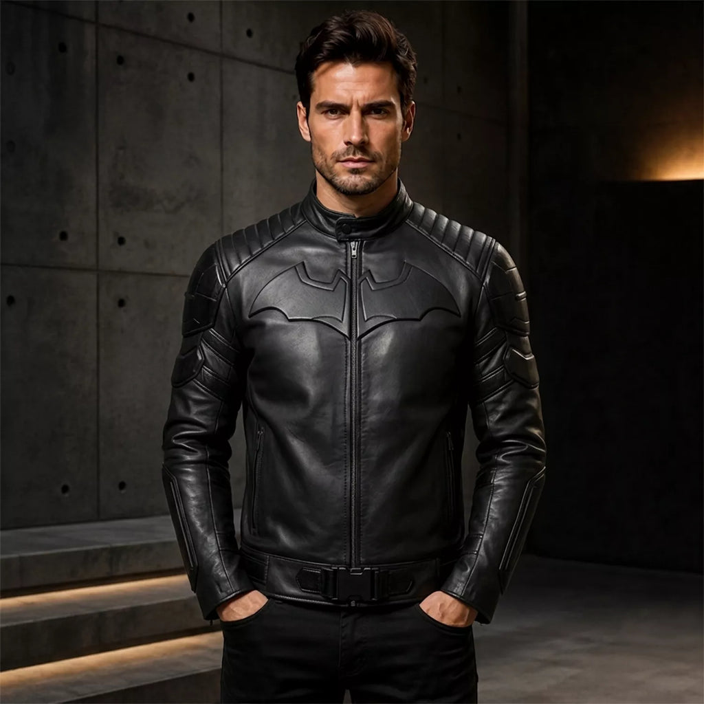 Blouson de motard style super-héros en cuir noir mat pour homme