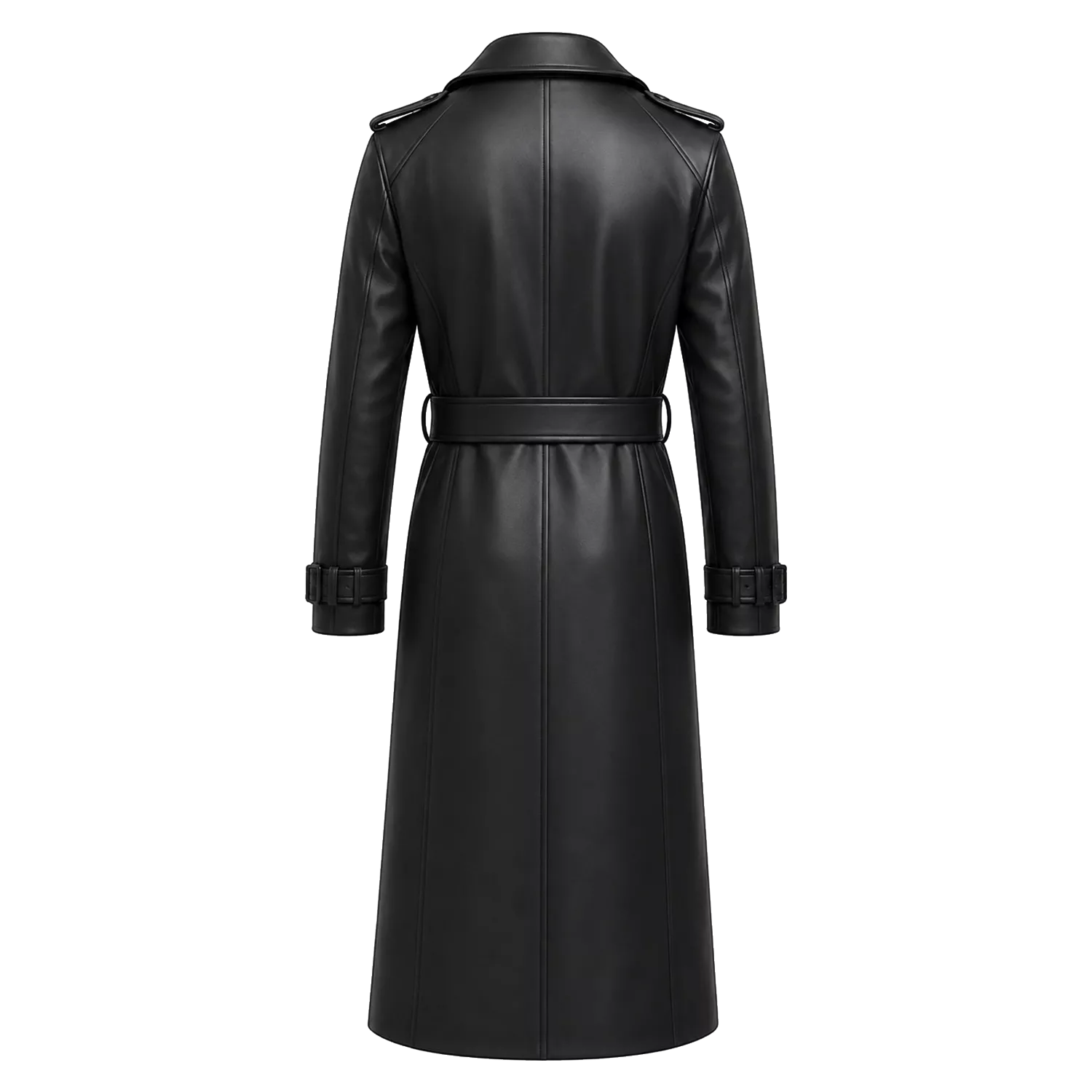 Men’s Black Leather Trench Coat | Long Double-Breasted Belted Coat