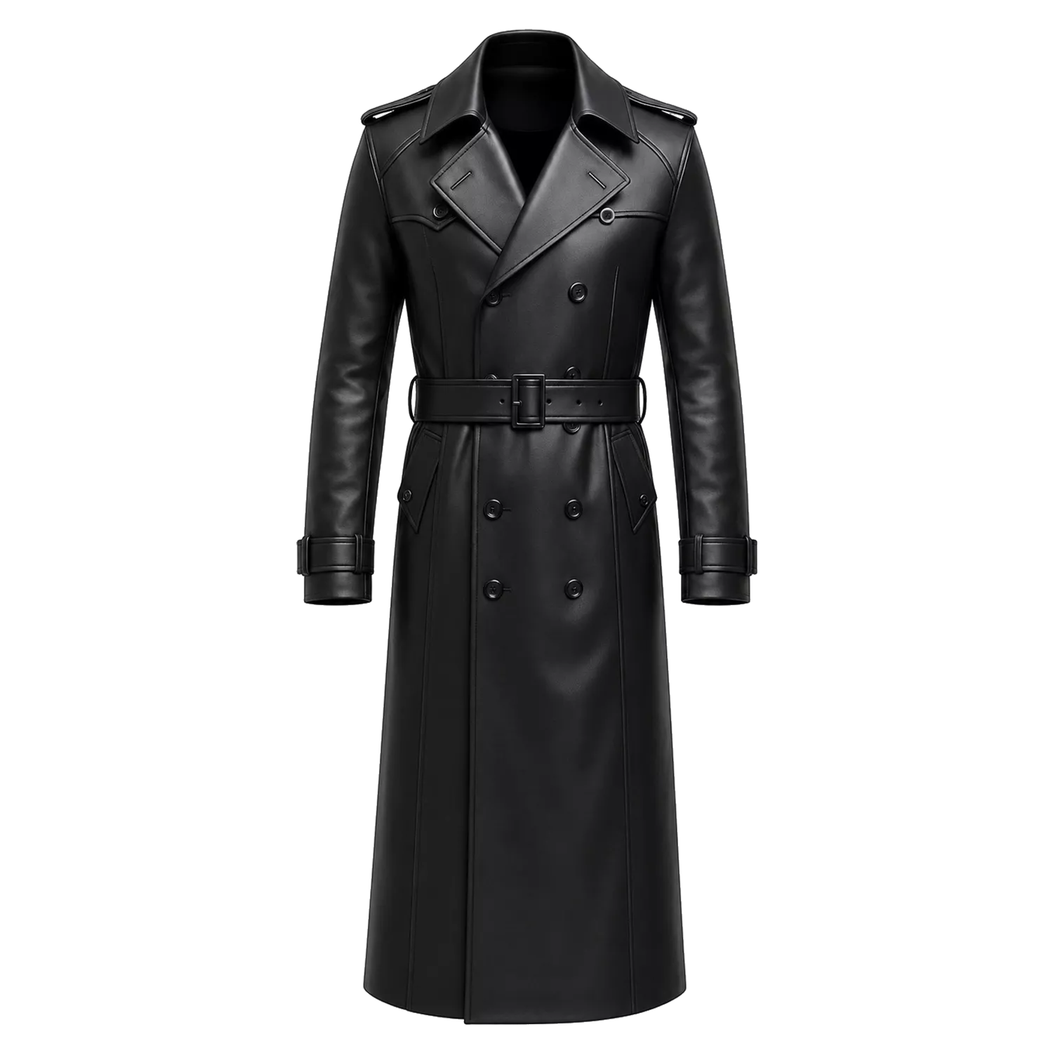 Men’s Black Leather Trench Coat | Long Double-Breasted Belted Coat