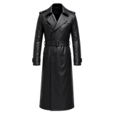 Men’s Black Leather Trench Coat | Long Double-Breasted Belted Coat