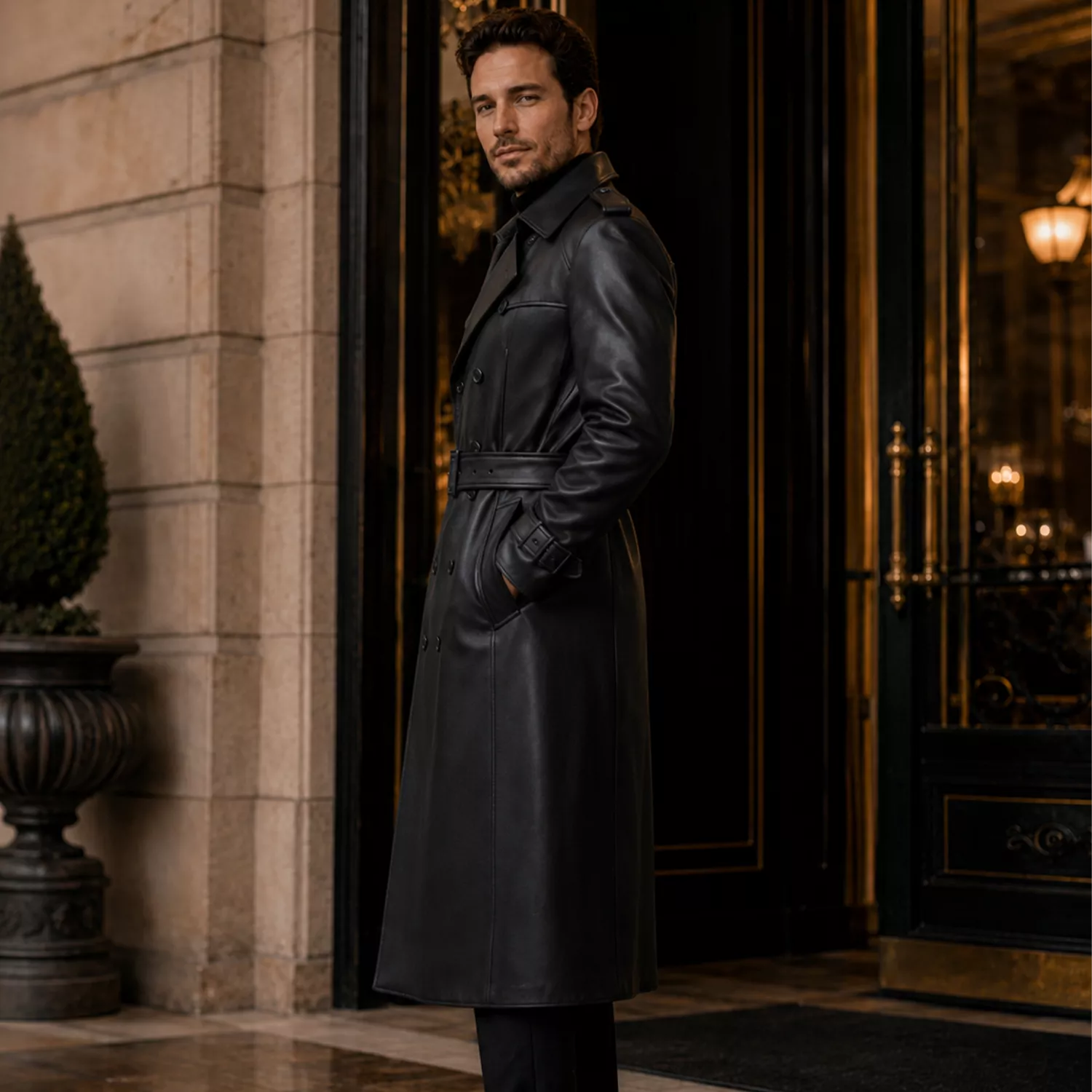 Men’s Black Leather Trench Coat | Long Double-Breasted Belted Coat