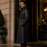 Men’s Black Leather Trench Coat | Long Double-Breasted Belted Coat