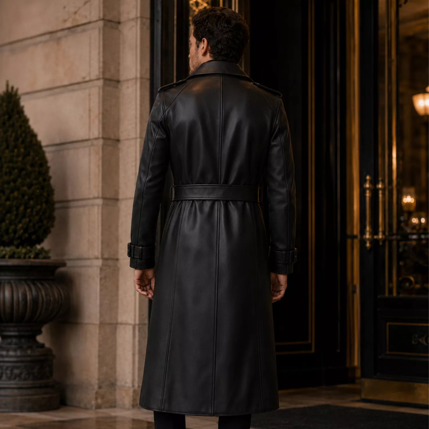 Men’s Black Leather Trench Coat | Long Double-Breasted Belted Coat