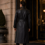 Men’s Black Leather Trench Coat | Long Double-Breasted Belted Coat