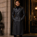 Men’s Black Leather Trench Coat | Long Double-Breasted Belted Coat
