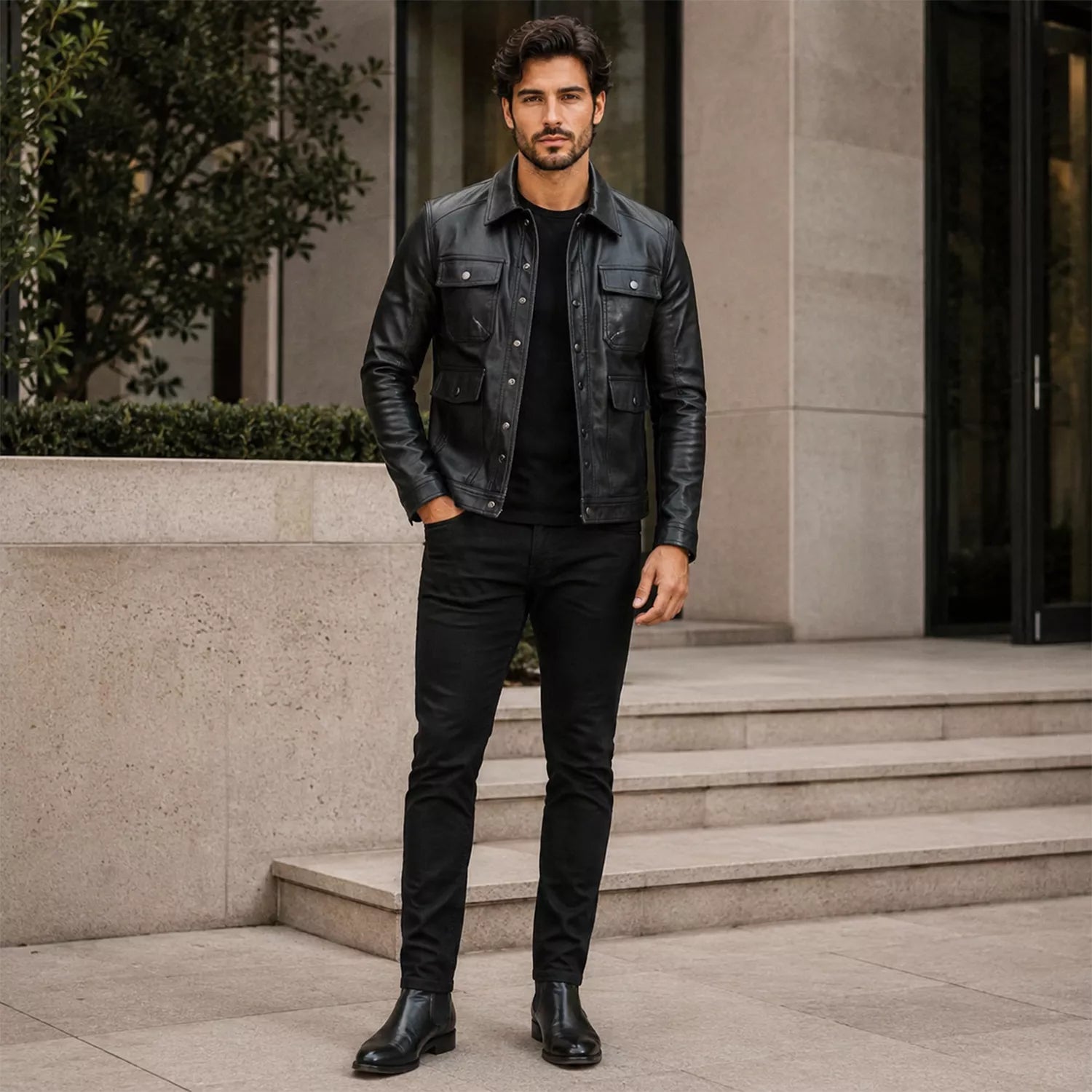 Men’s Black Leather Utility Jacket | Four Pocket Field Style