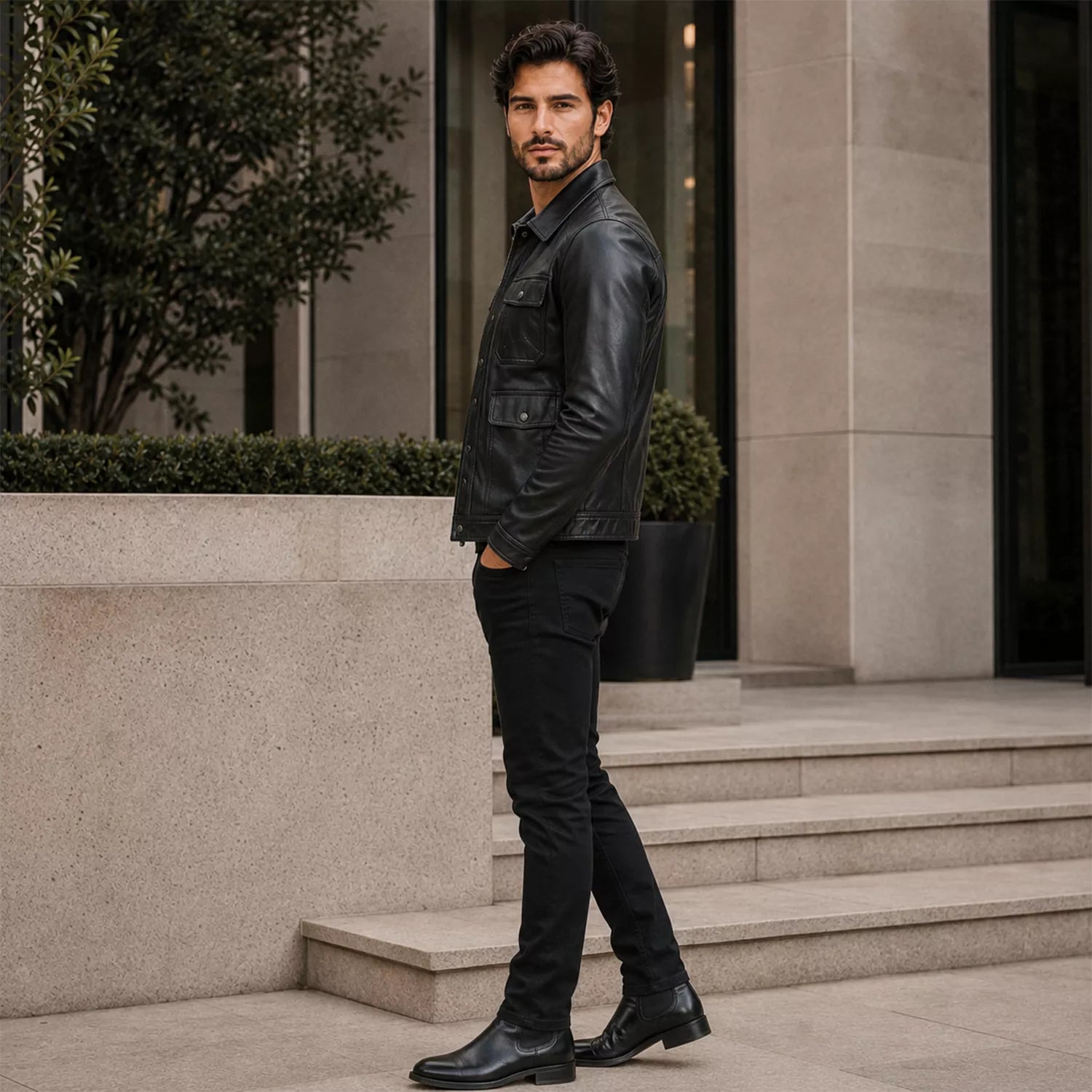 Men’s Black Leather Utility Jacket | Four Pocket Field Style
